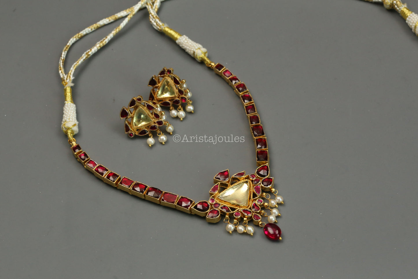 Suvarna Real Rhodiolite, Fresh Water Pearls & Yellow Polki Kundan Set