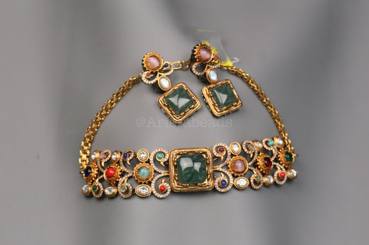 Shama Semiprecious Stones & Polki Choker Set - Green