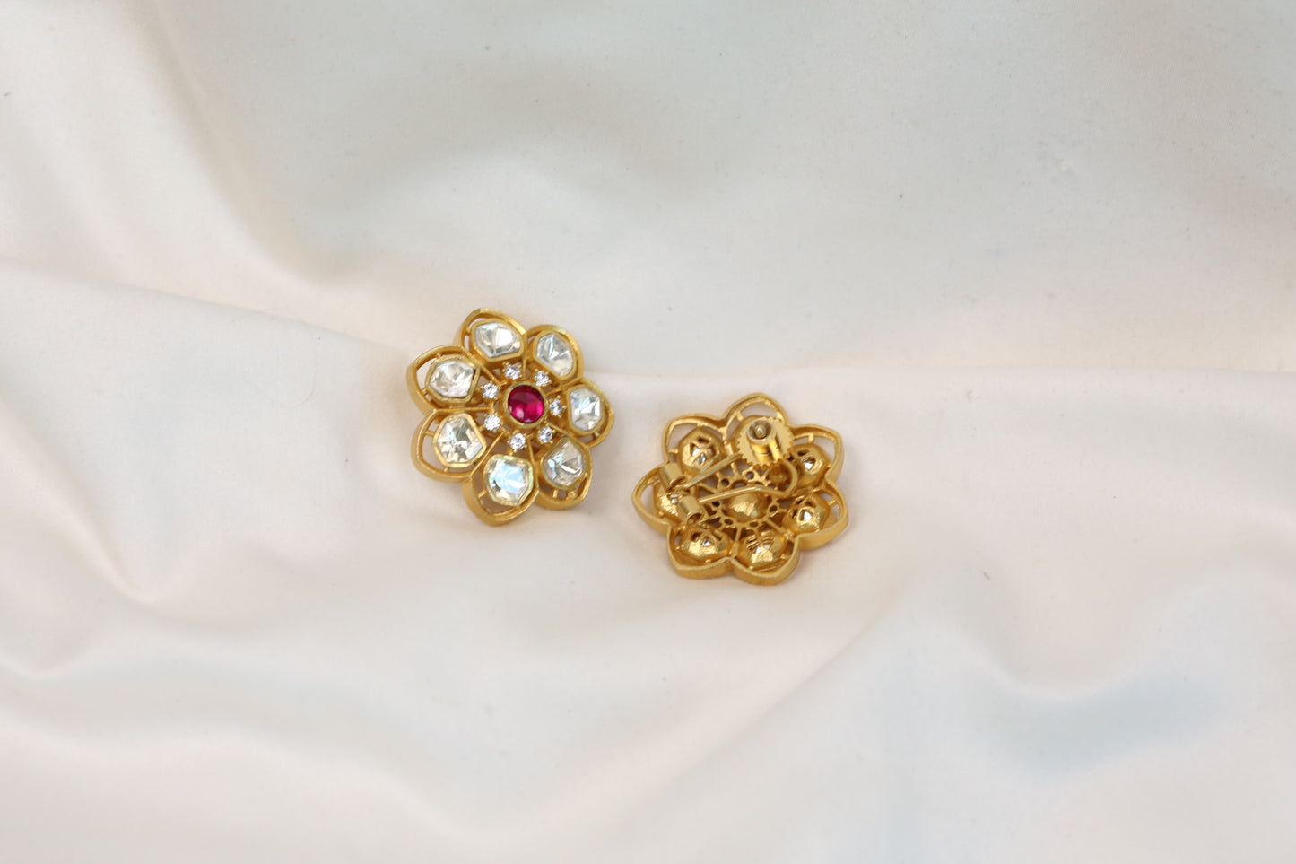 Aavni Real Moissanite & Pota Stones Studs - Red