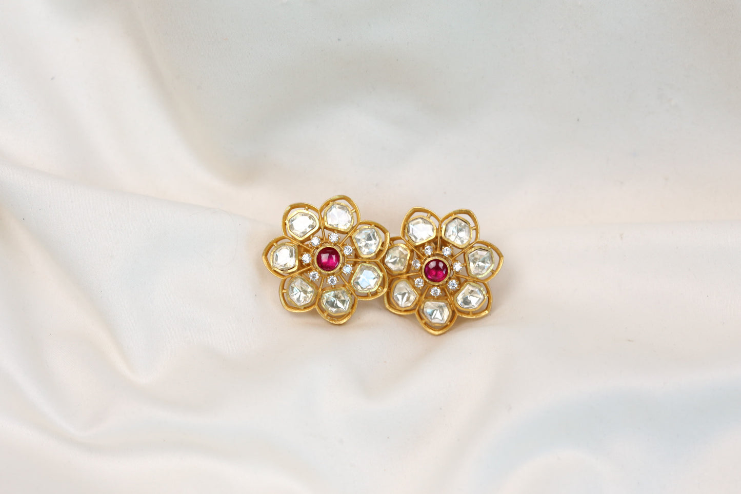 Aavni Real Moissanite & Pota Stones Studs - Red
