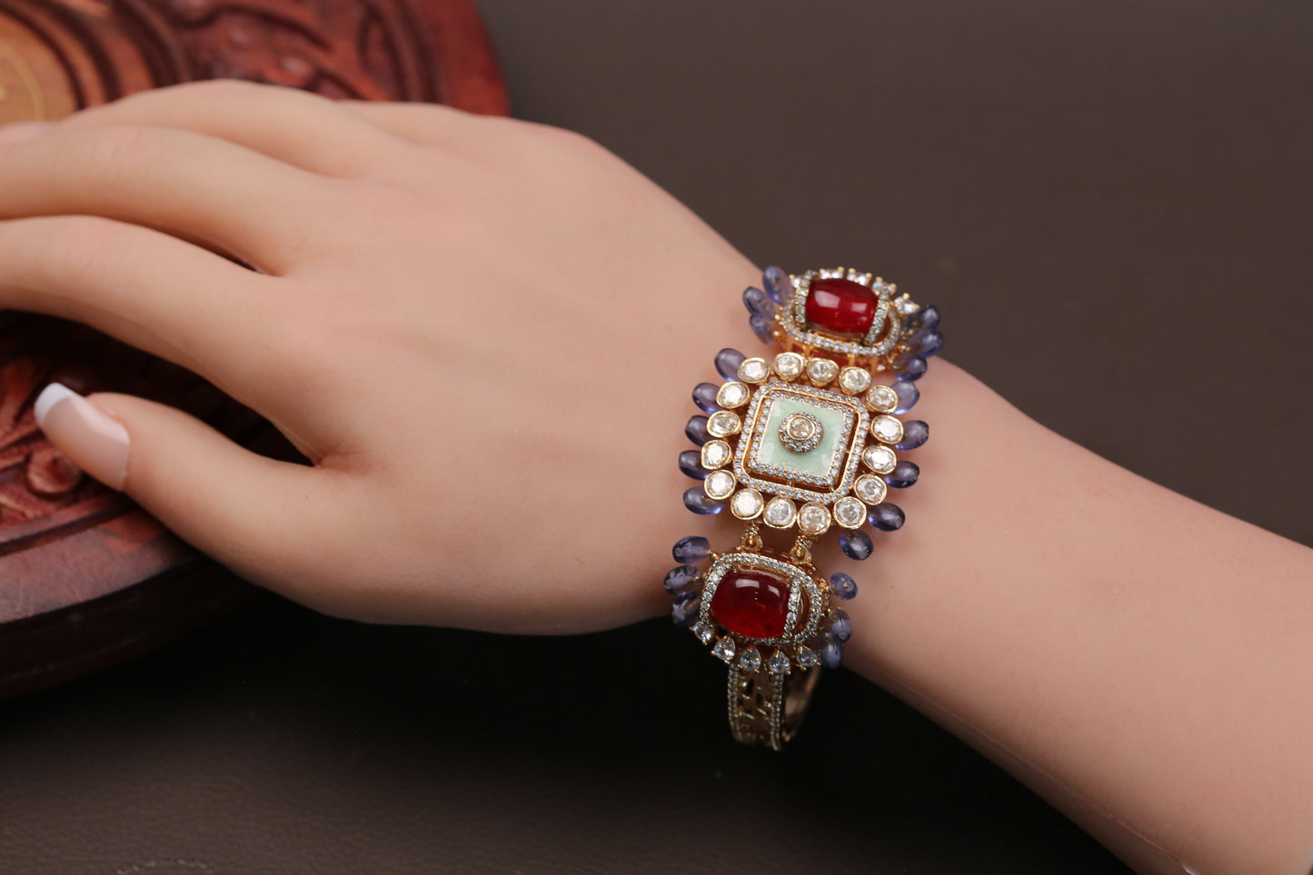 Real Moissanite, Doublet & Enamel Bracelet (Adjustable) - Red Mint