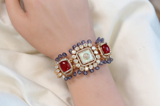 Real Moissanite, Doublet & Enamel Bracelet (Adjustable) - Red Mint