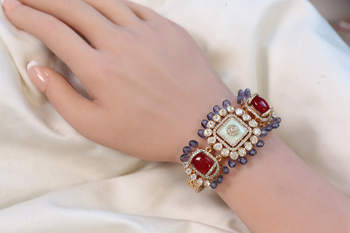 Real Moissanite, Doublet & Enamel Bracelet (Adjustable) - Red Mint