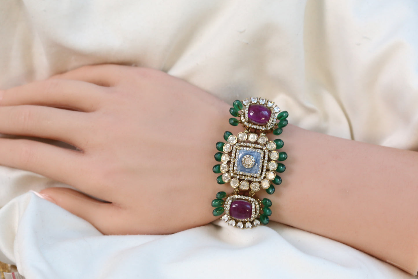 Real Moissanite, Doublet & Enamel Bracelet (Adjustable) - Purple Blue