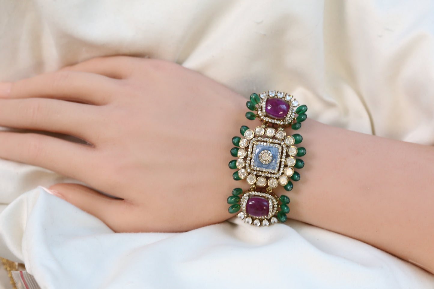 Real Moissanite, Doublet & Enamel Bracelet (Adjustable) - Purple Blue