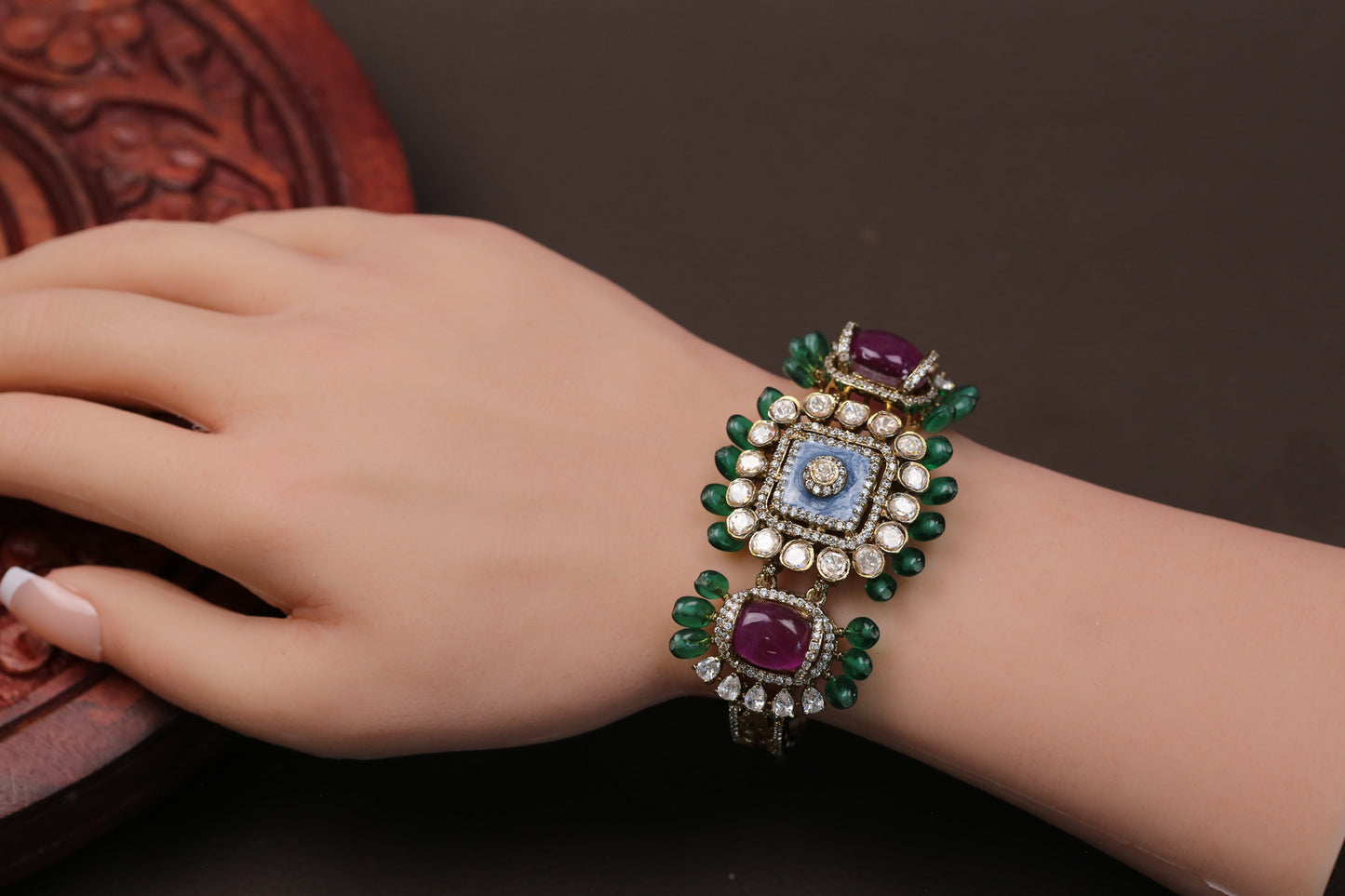 Real Moissanite, Doublet & Enamel Bracelet (Adjustable) - Purple Blue