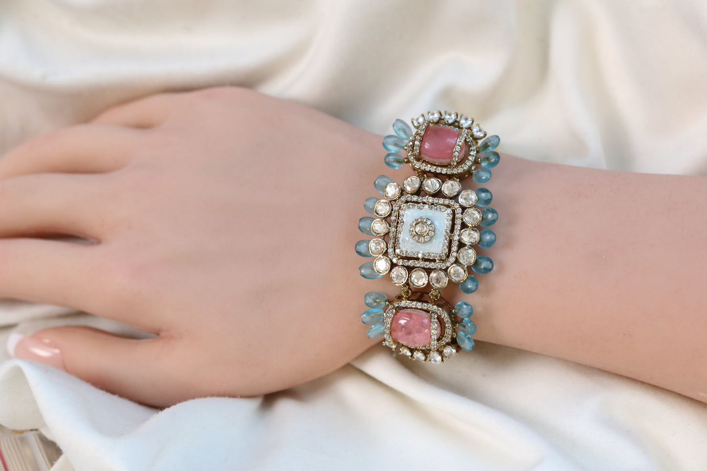 Real Moissanite, Doublet & Enamel Bracelet (Adjustable) - Pastel