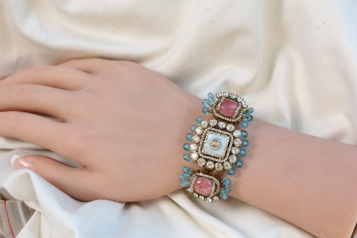 Real Moissanite, Doublet & Enamel Bracelet (Adjustable) - Pastel