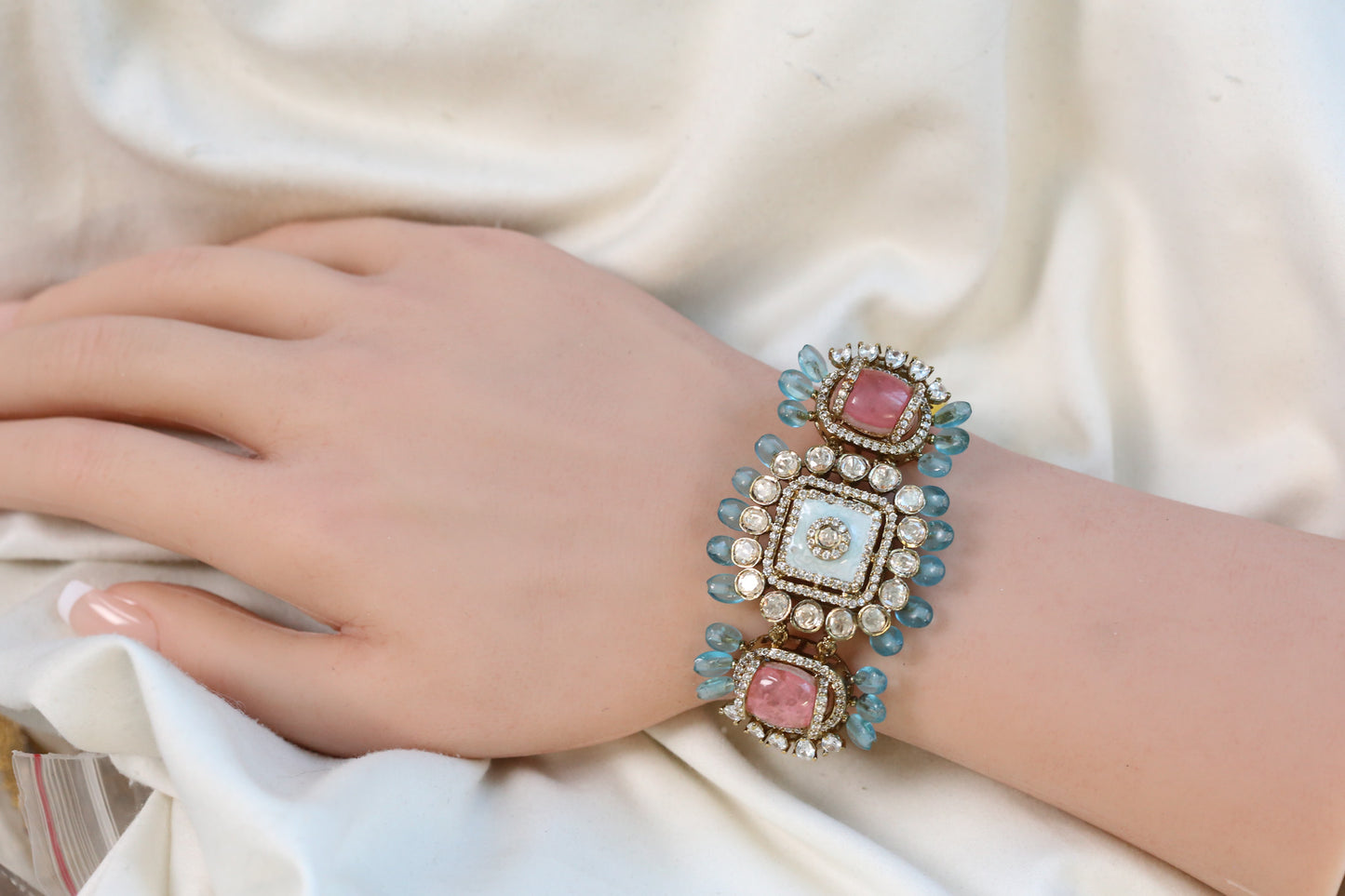 Real Moissanite, Doublet & Enamel Bracelet (Adjustable) - Pastel