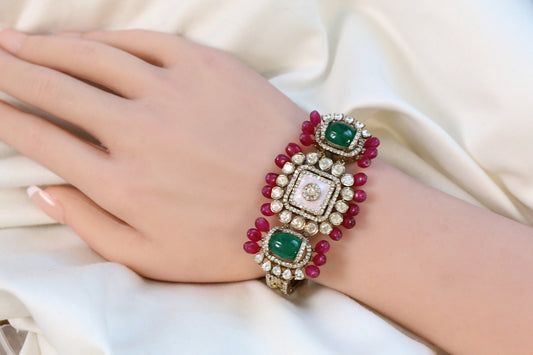 Real Moissanite, Doublet & Enamel Bracelet (Adjustable) - Green Pink