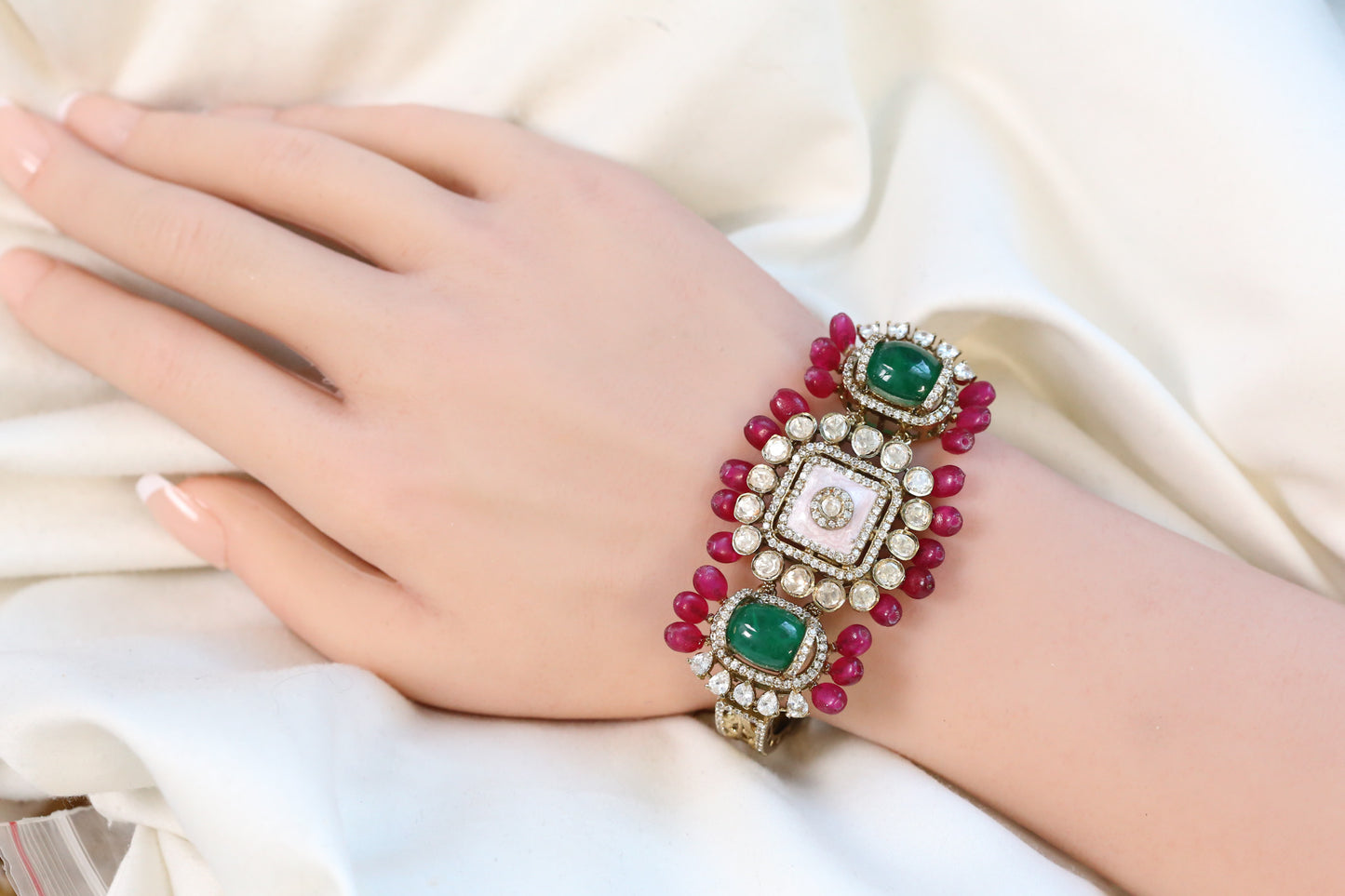 Real Moissanite, Doublet & Enamel Bracelet (Adjustable) - Green Pink