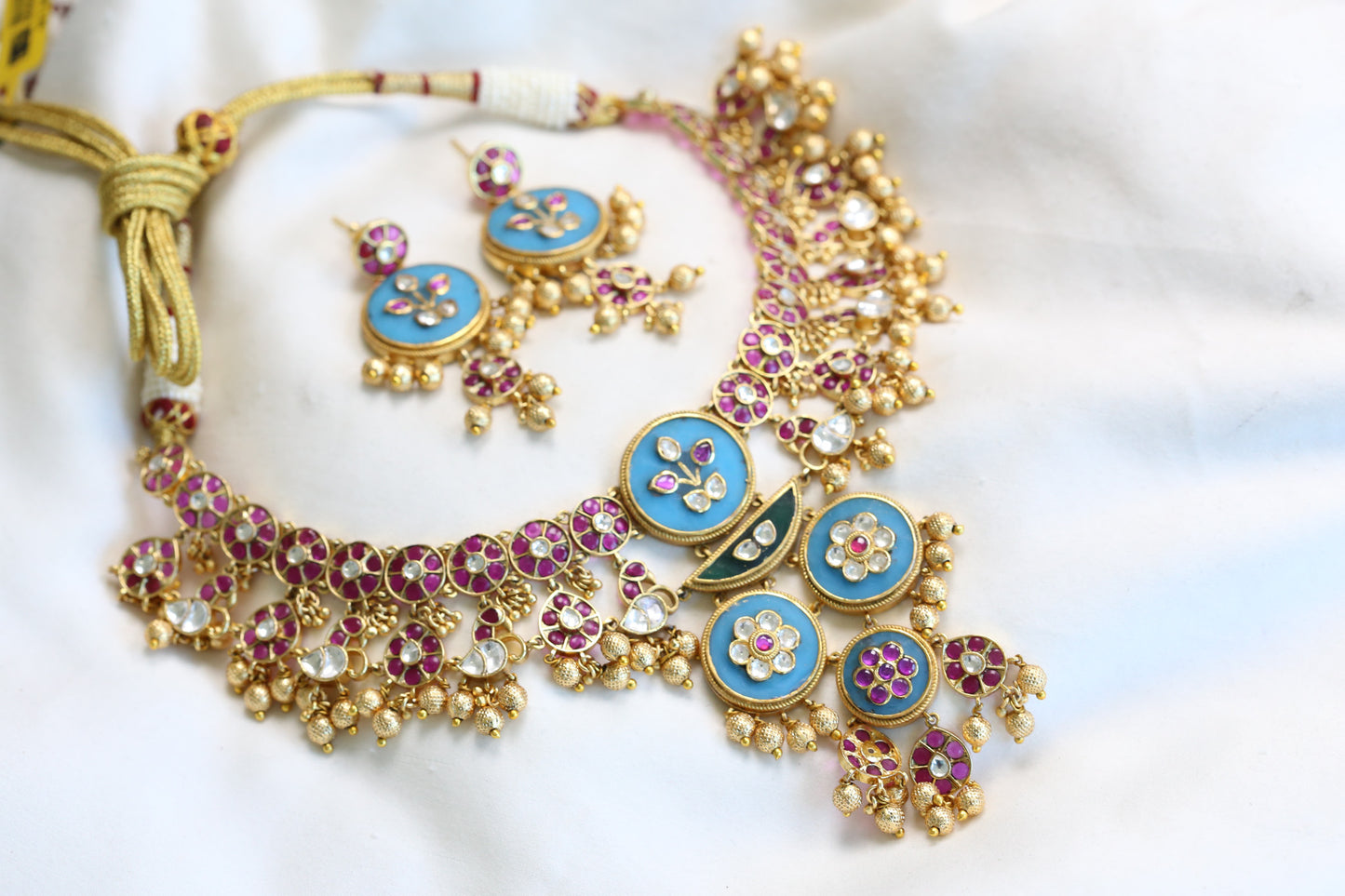 Rajwadi Kundan Polki Enamel Necklace Set