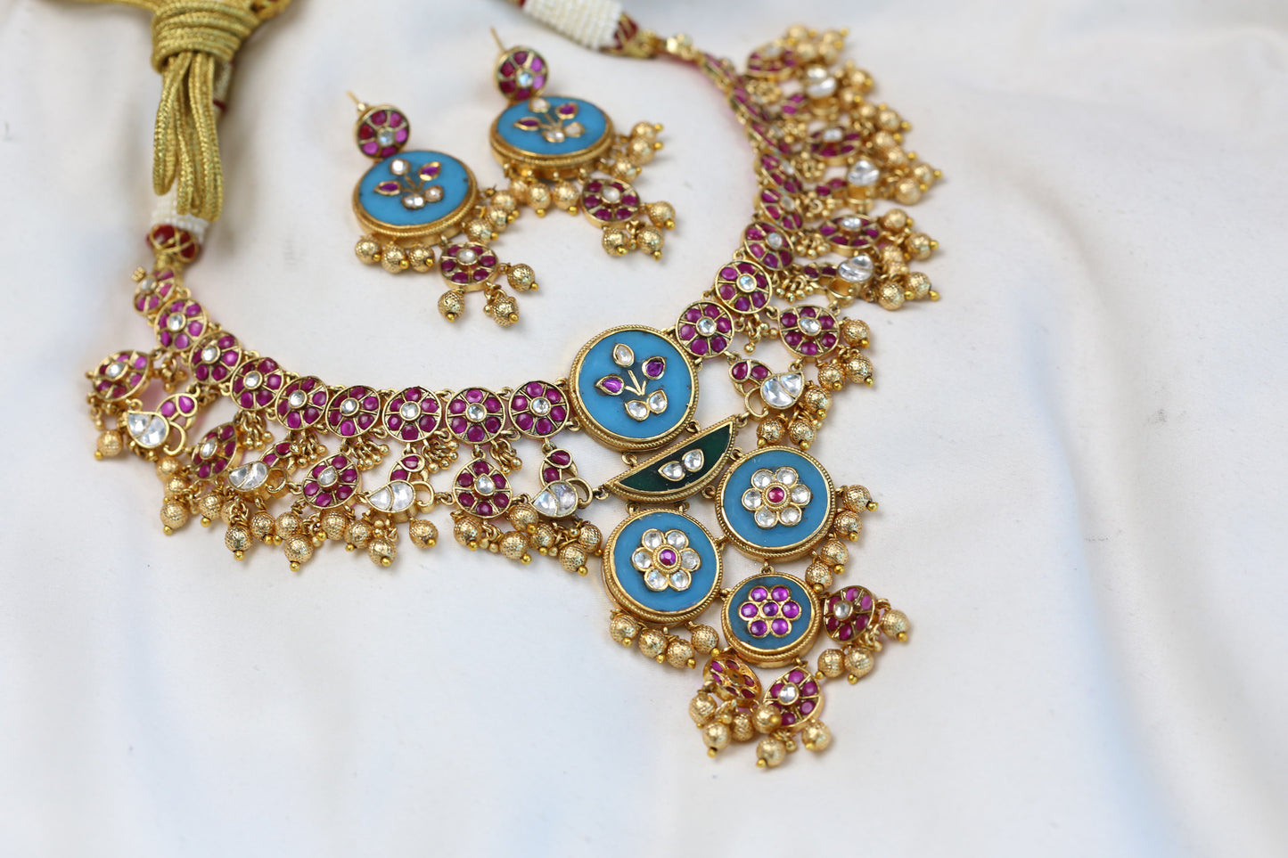 Rajwadi Kundan Polki Enamel Necklace Set