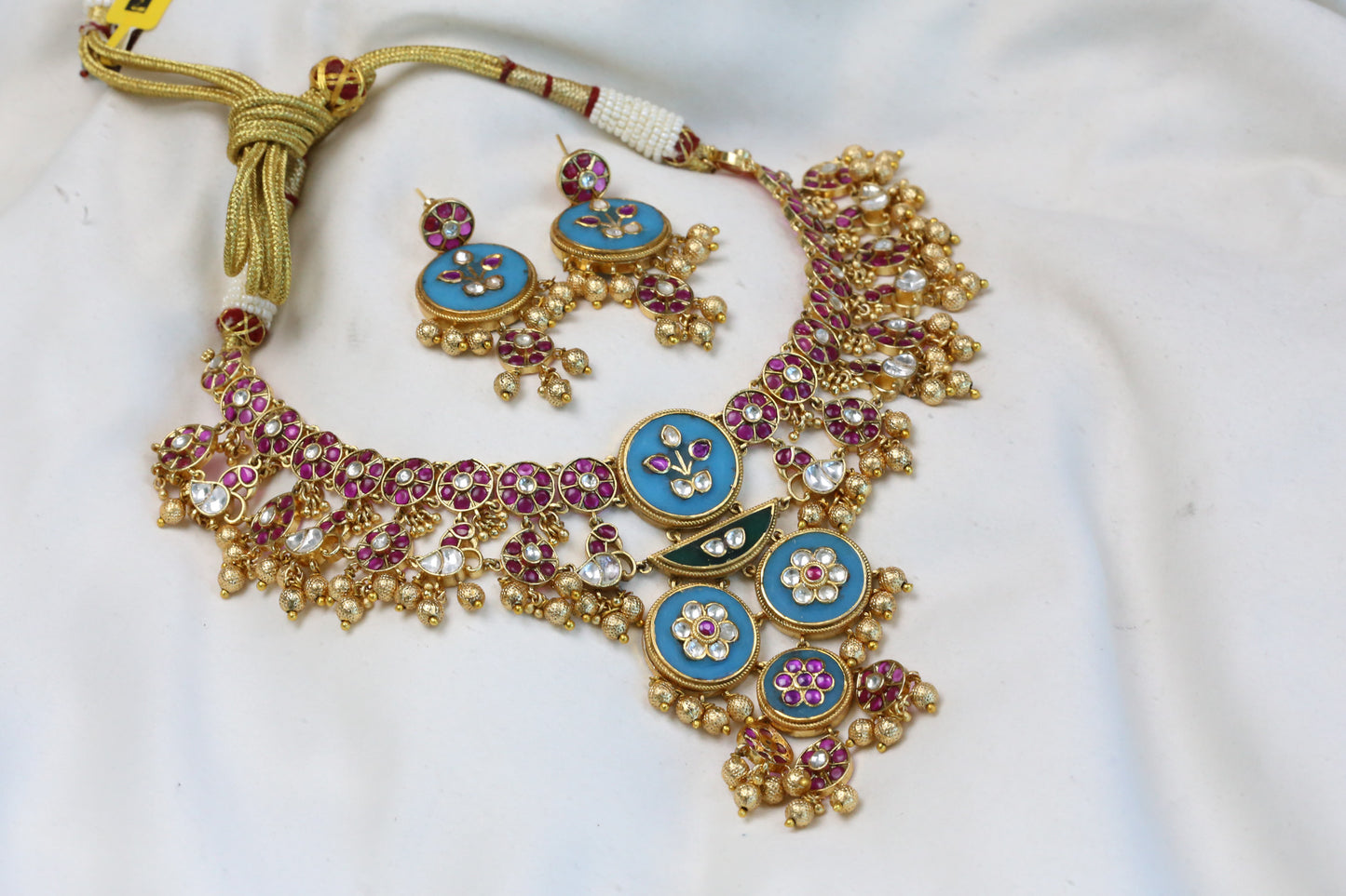 Rajwadi Kundan Polki Enamel Necklace Set