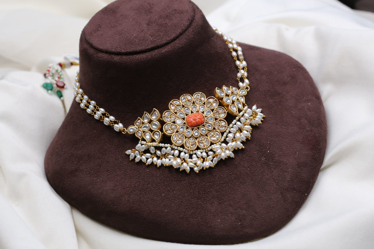Real Coral & Rice Pearls Jadau Choker Necklace