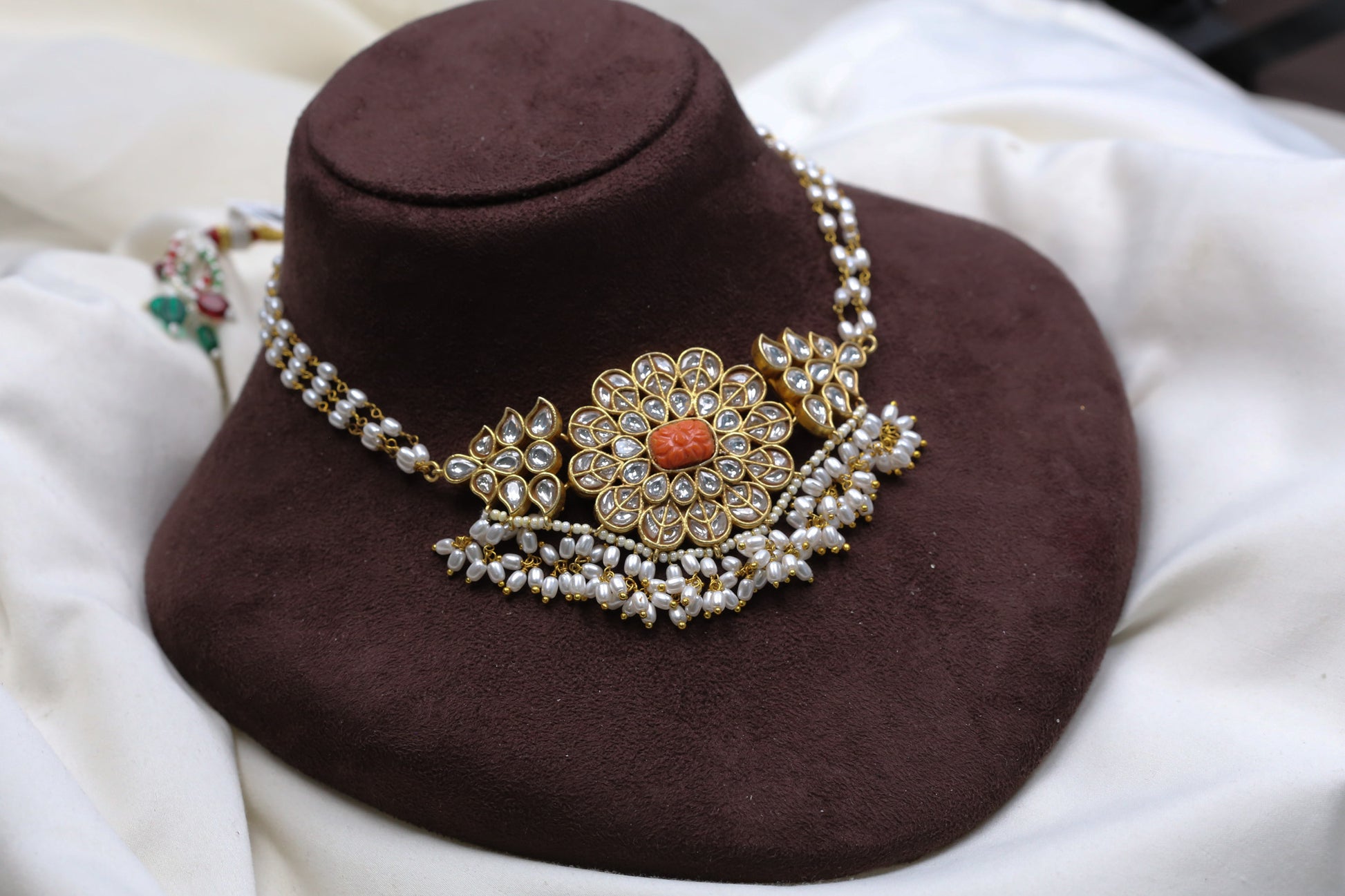 Real Coral & Rice Pearls Jadau Choker Necklace