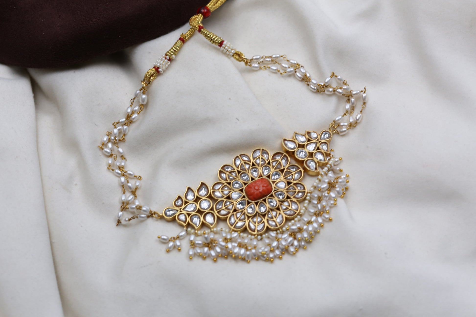 Real Coral & Rice Pearls Jadau Choker Necklace