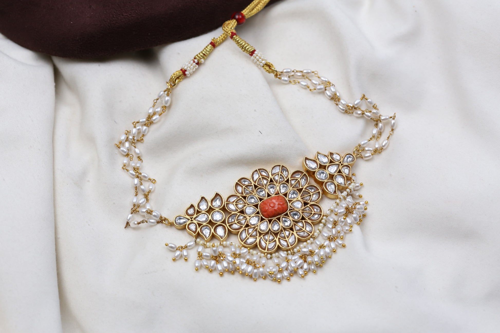 Real Coral & Rice Pearls Jadau Choker Necklace