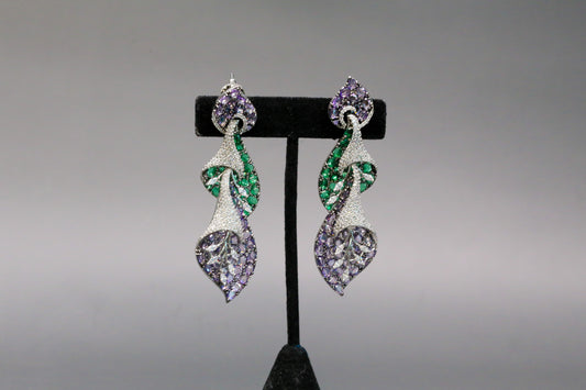 Contemporary Pave CZ & Crystal Earrings - Green Purple