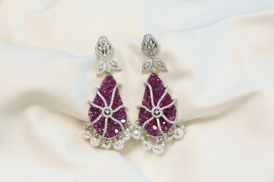 Contemporary Pave CZ & Crystal Earrings - Ruby & Pearls