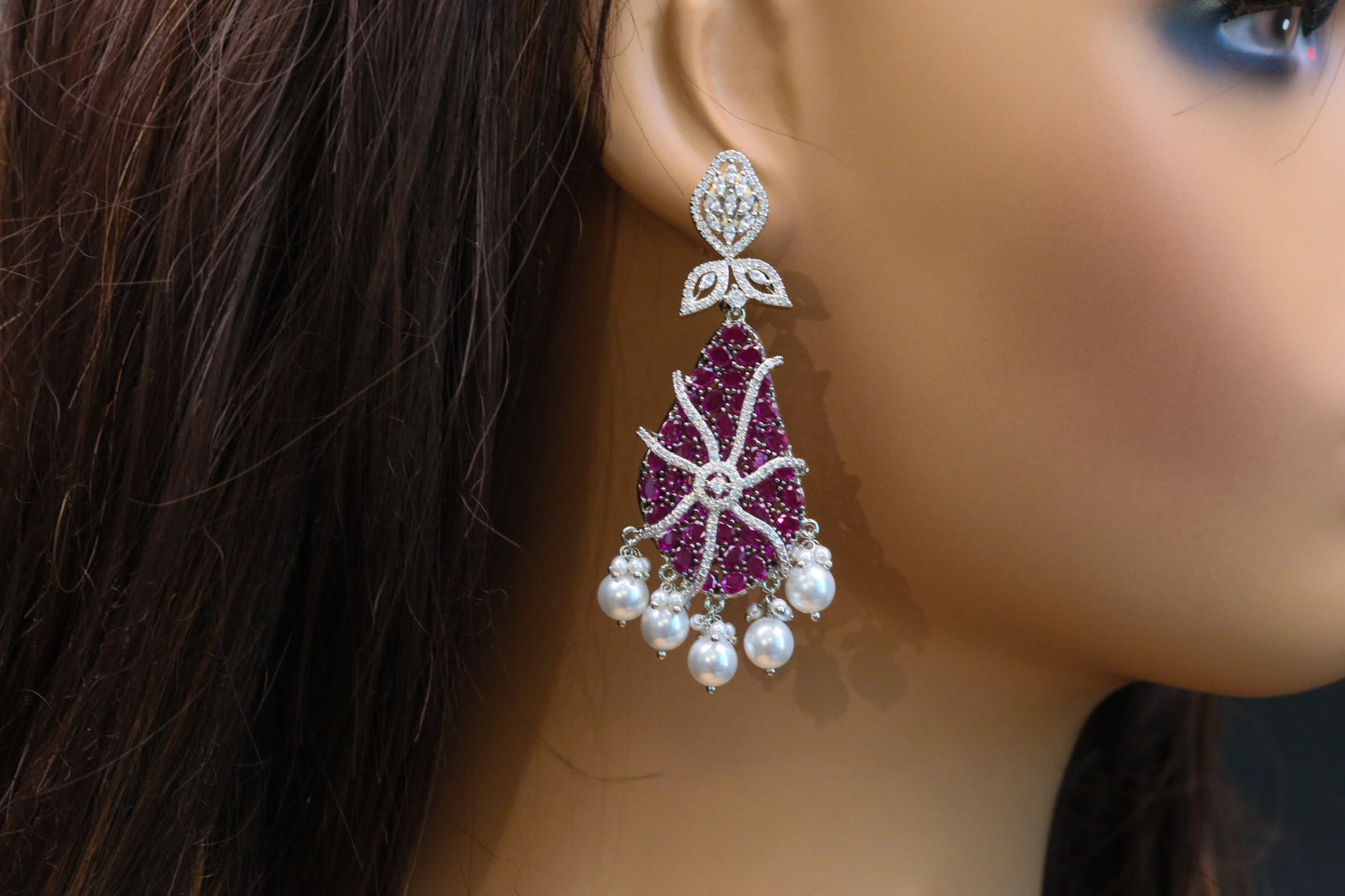 Contemporary Pave CZ & Crystal Earrings - Ruby & Pearls