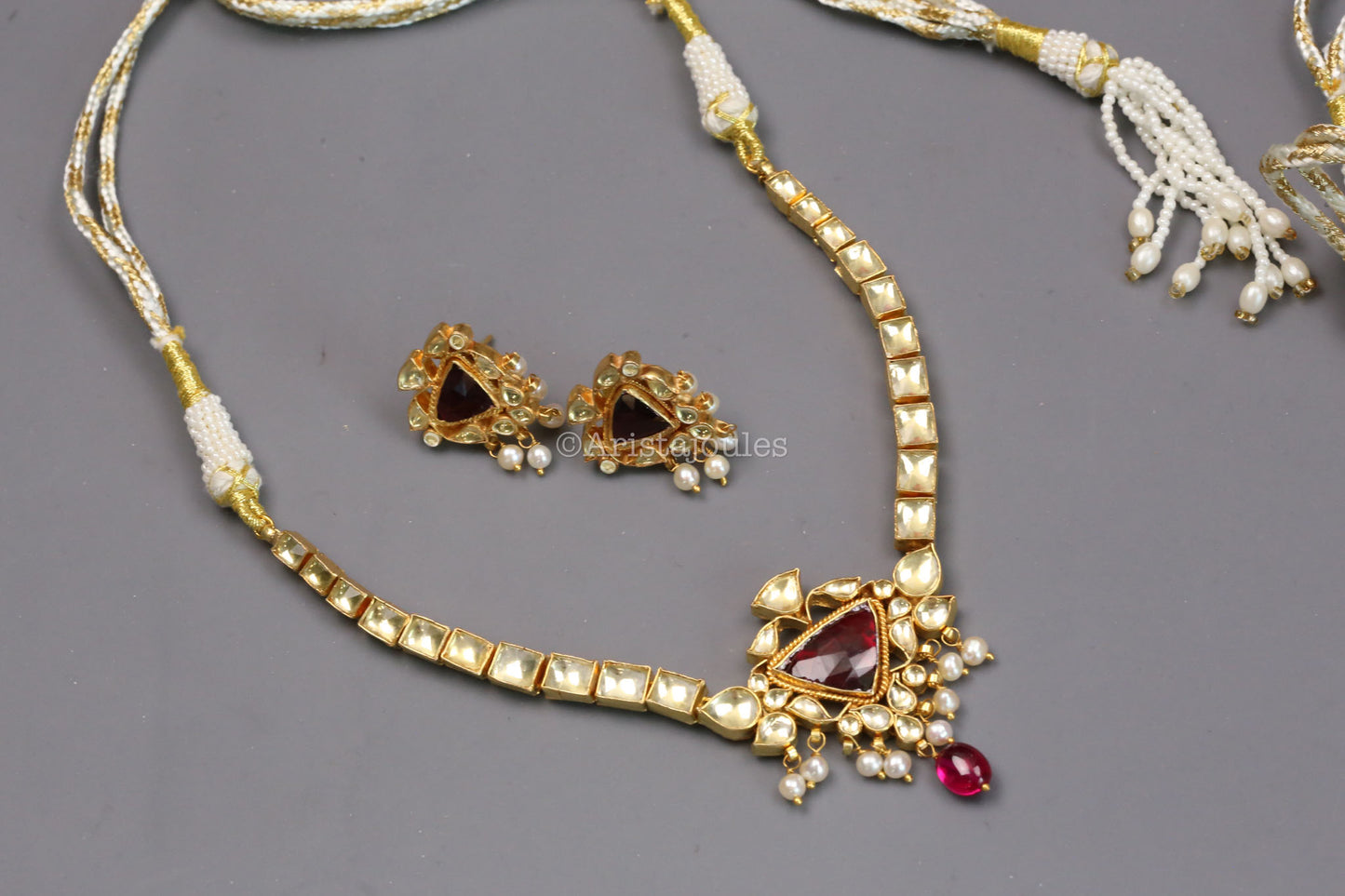 Suvarna Fresh Water Pearls, Rohodolite & Yellow Polki Kundan Set