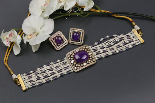 Naina Moissanite & CZ Choker Set - Purple