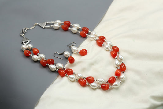 Contemporary 2 Strand Beaded Necklace Set - Red