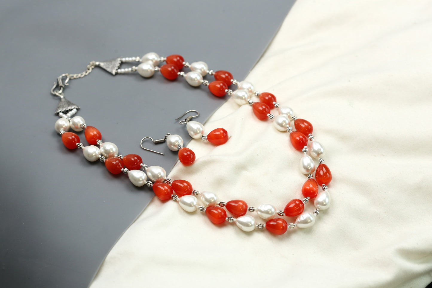 Contemporary 2 Strand Beaded Necklace Set - Red