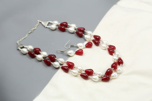 Contemporary 2 Strand Beaded Necklace Set - Dark Red