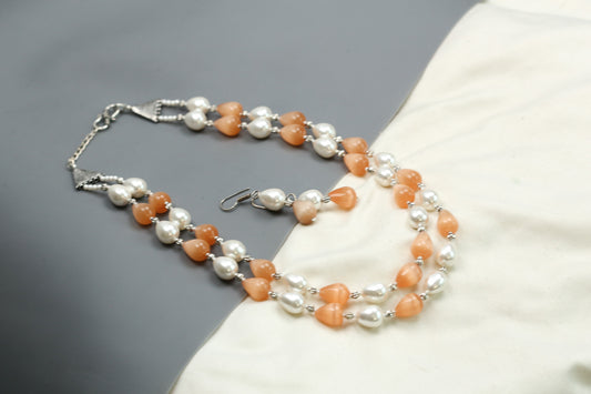 Contemporary 2 Strand Beaded Necklace Set - Peach