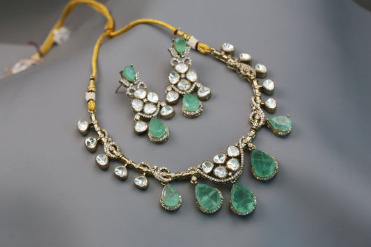 Diya Doublet & Polki Necklace Set - Mint