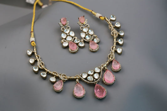 Diya Doublet & Polki Necklace Set - Pink