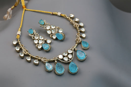 Diya Doublet & Polki Necklace Set - Blue
