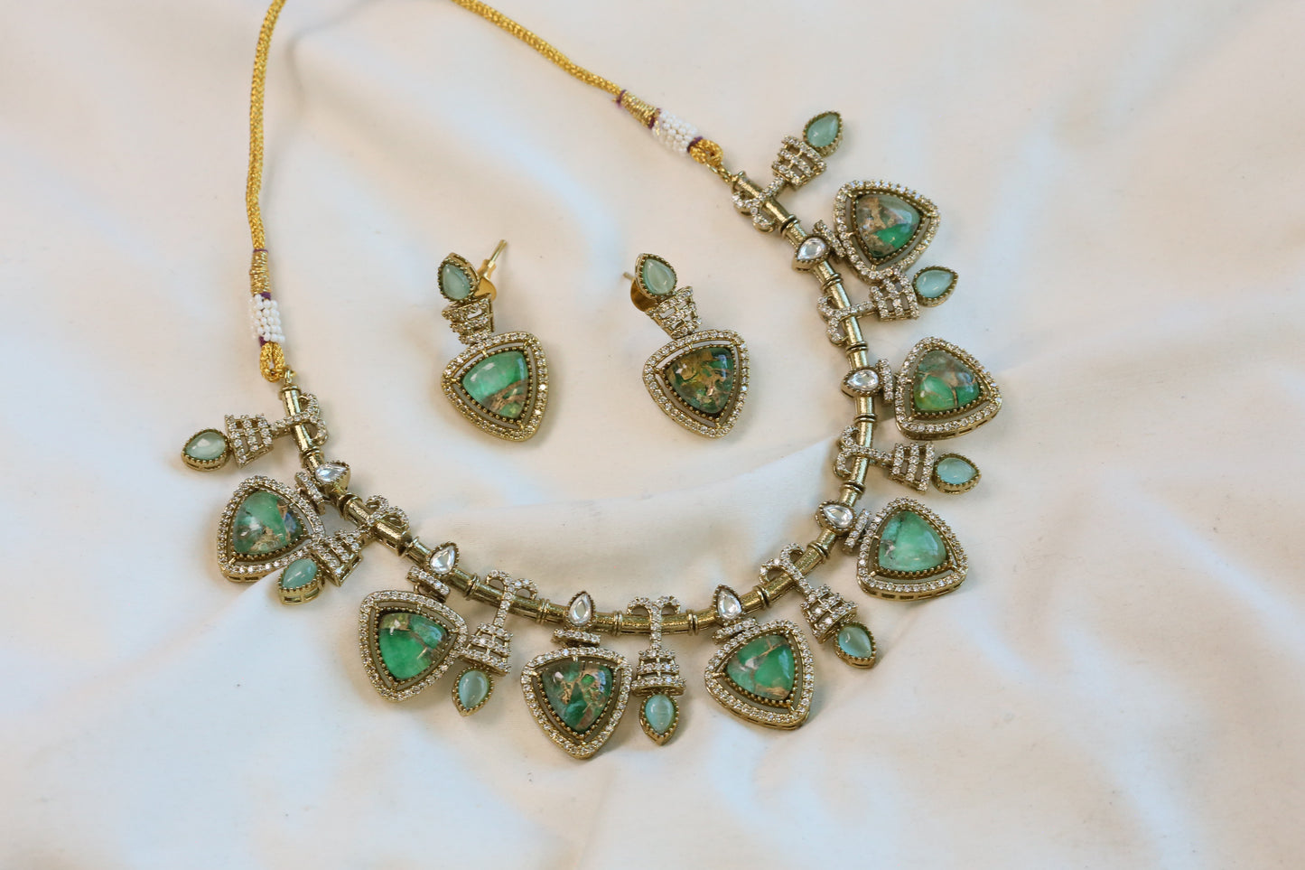 Mosaic Doublet & Polki Necklace Set - Green