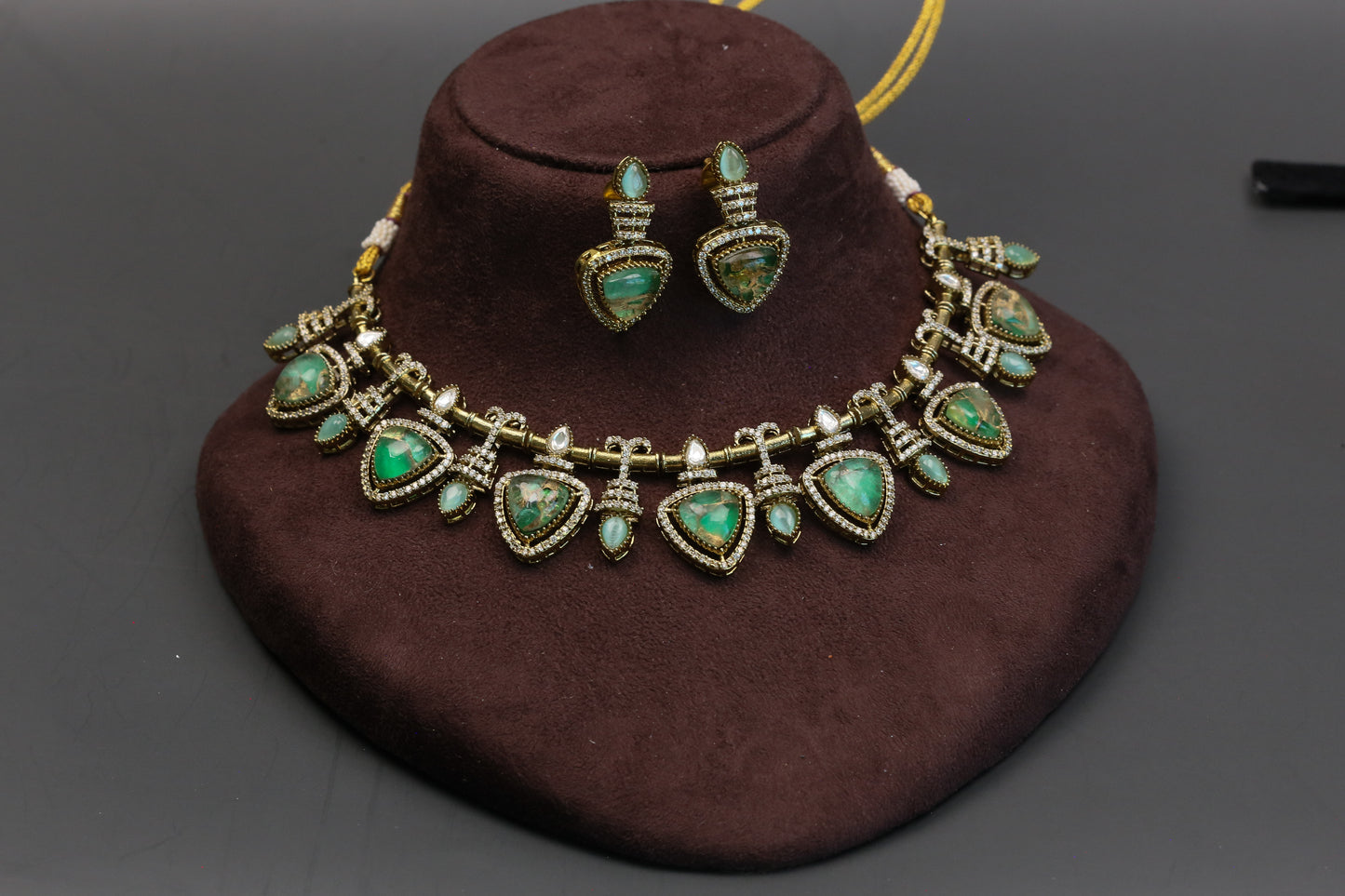 Mosaic Doublet & Polki Necklace Set - Green
