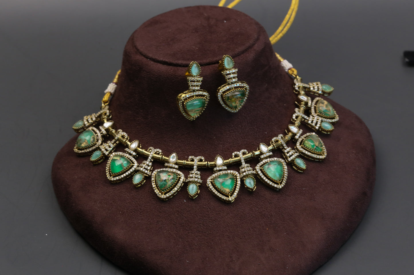 Mosaic Doublet & Polki Necklace Set - Green