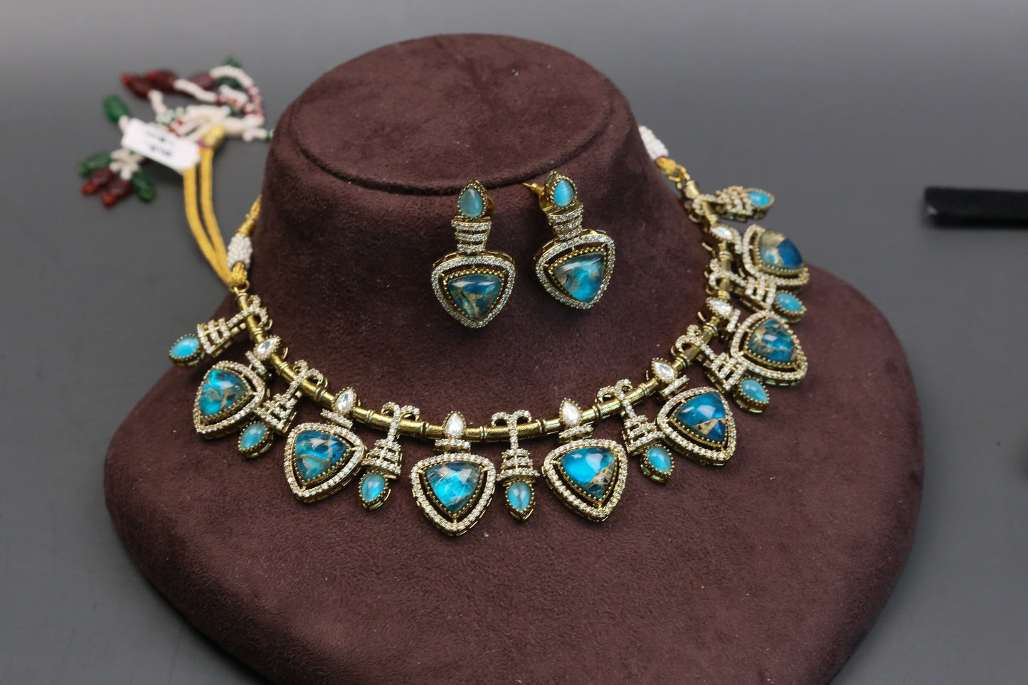 Mosaic Doublet & Polki Necklace Set - Blue
