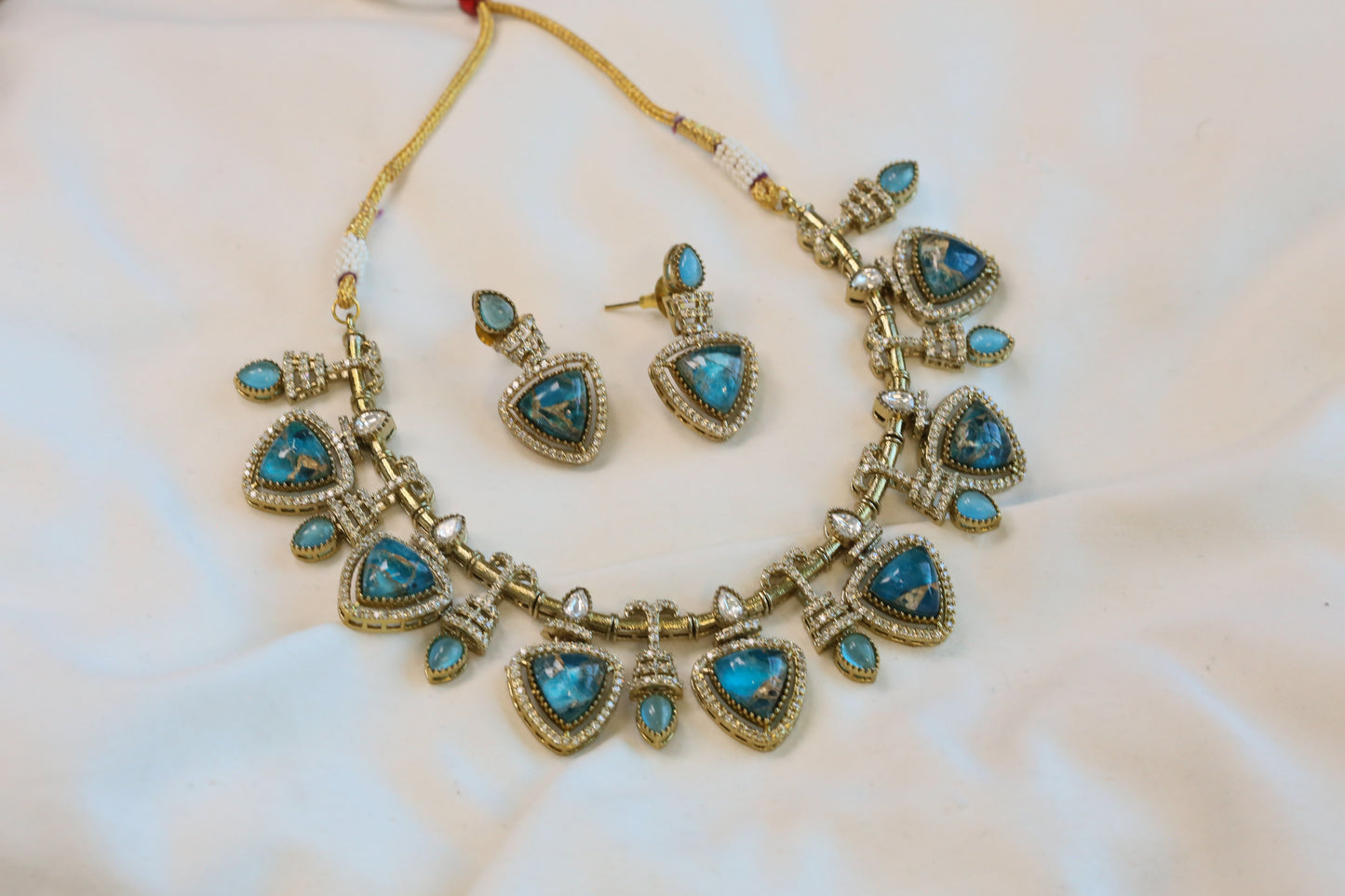 Mosaic Doublet & Polki Necklace Set - Blue
