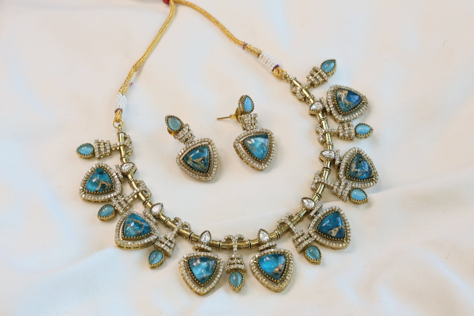 Mosaic Doublet & Polki Necklace Set - Blue