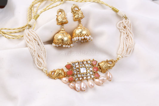 Real Pearls Coral  Antique Jadau Necklace Set (104-06)