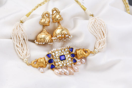 Real Pearls Blue  Antique Jadau Necklace Set (104-07)