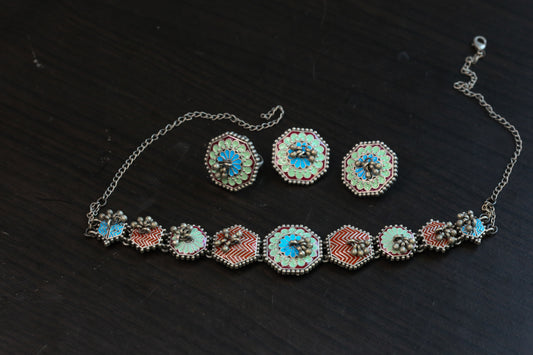 Yashika Silver Look Enamel Necklace Set - Style 1