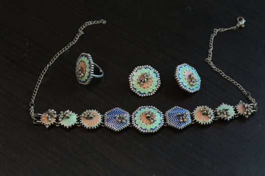 Yashika Silver Look Enamel Necklace Set - Style 2