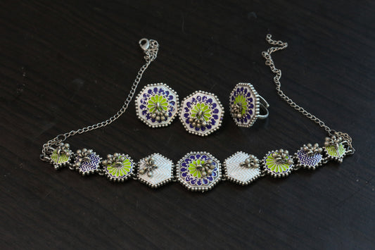 Yashika Silver Look Enamel Necklace Set - Style 3