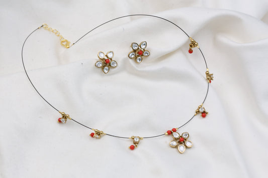 Tara Invisible Jadau Necklace Set - Coral