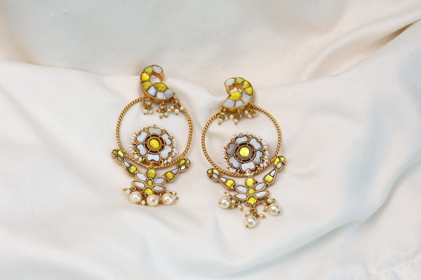 One Of A Kind Yellow & MOP Jadau Earrings