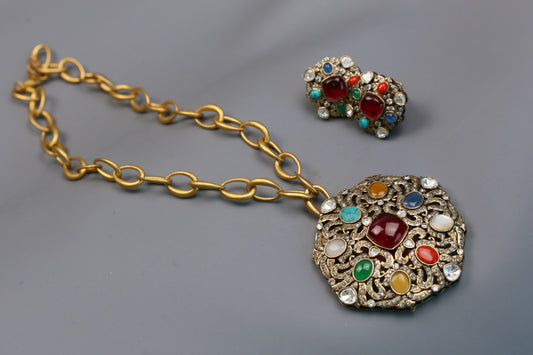 Contemporary Navratan Victorian Pendant Necklace Set