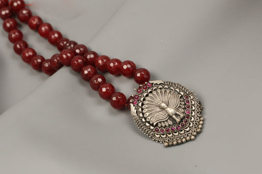 925 Silver Kundan Necklace in Ruby Jade Mala