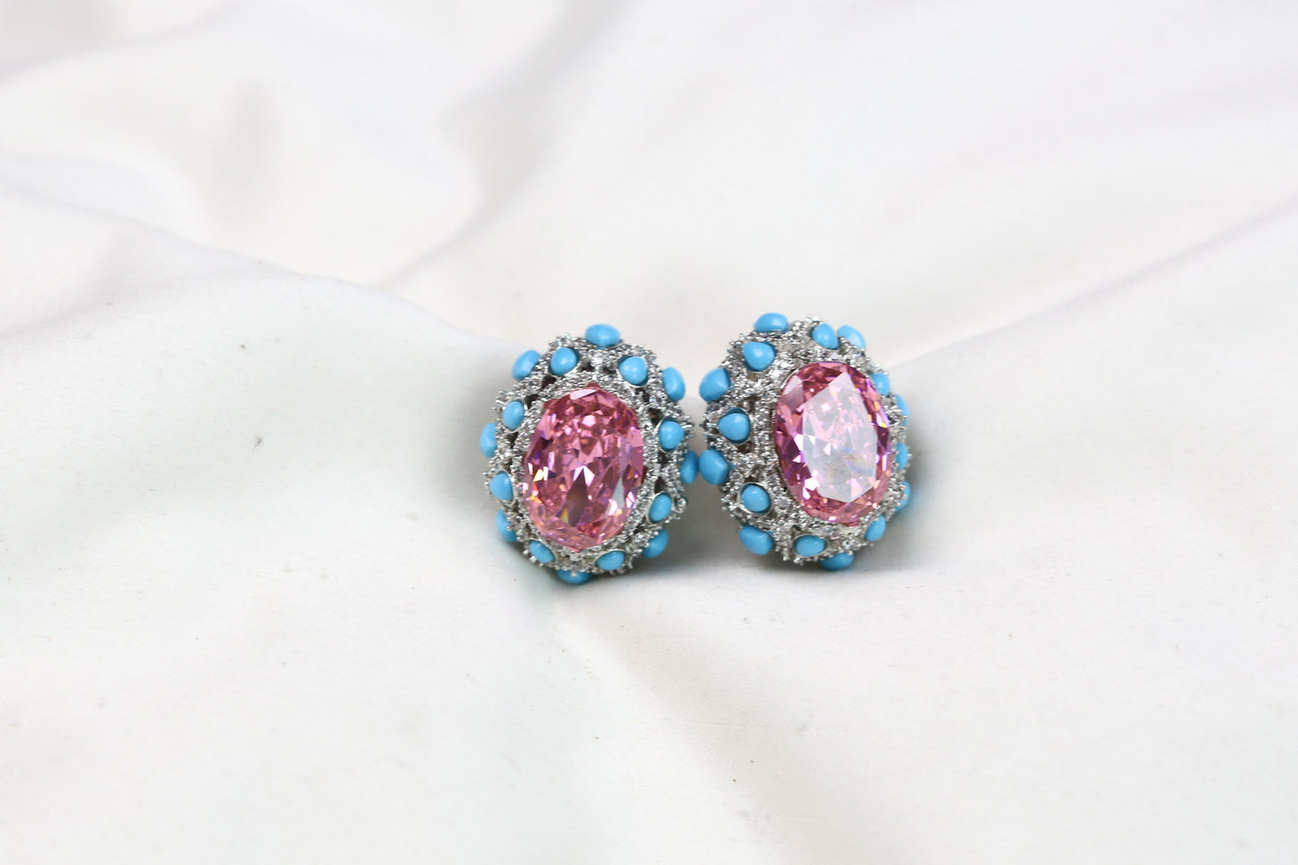 Peony Premium Micro CZ Earrings -  PInk Turquoise